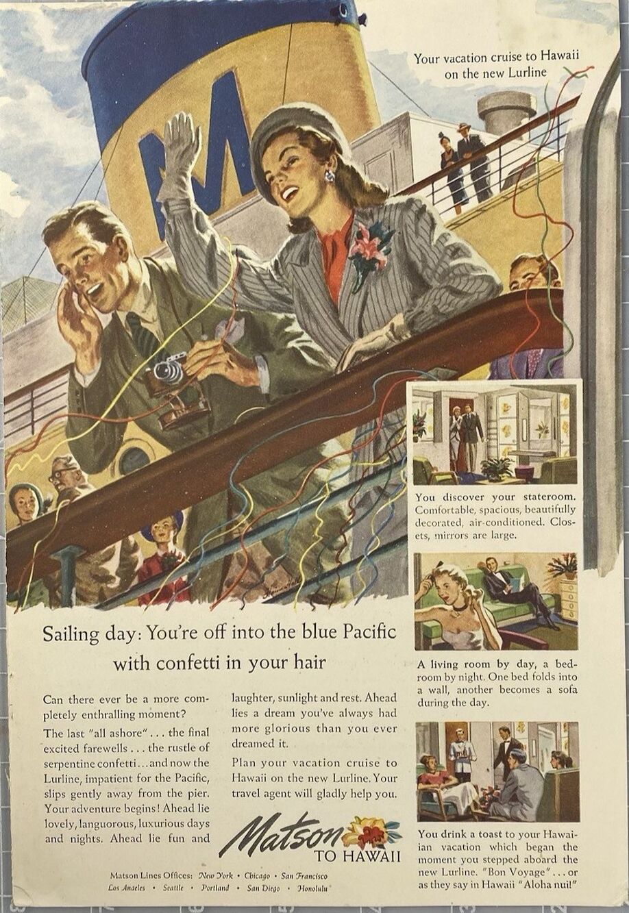 Matson Lines "To Hawaii-Your Off into the Blue Pacific" Vintage Art Print Ad '48
